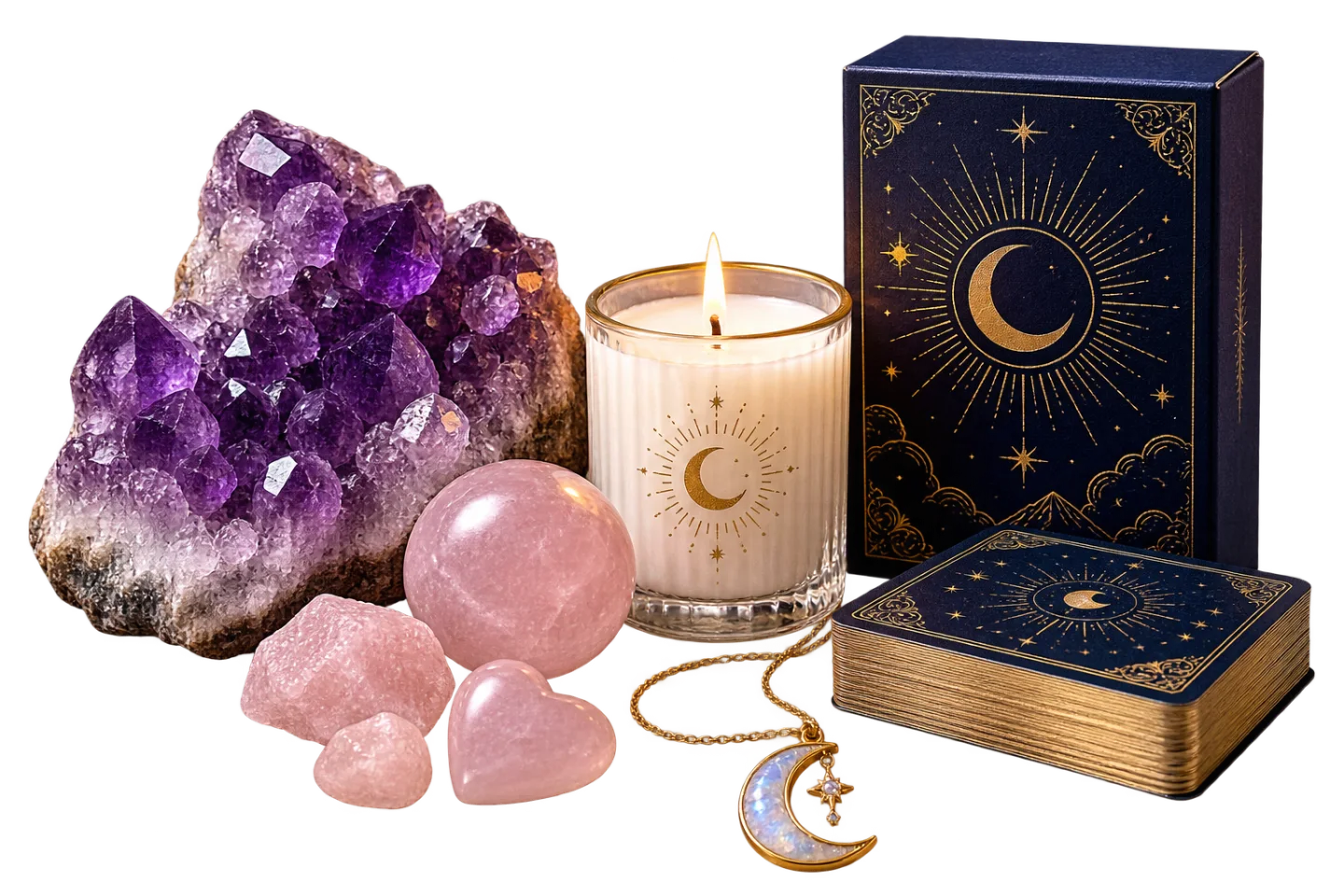 Cristales, vela ritual, cartas de tarot y collar lunar de la tienda Lo Renaciente